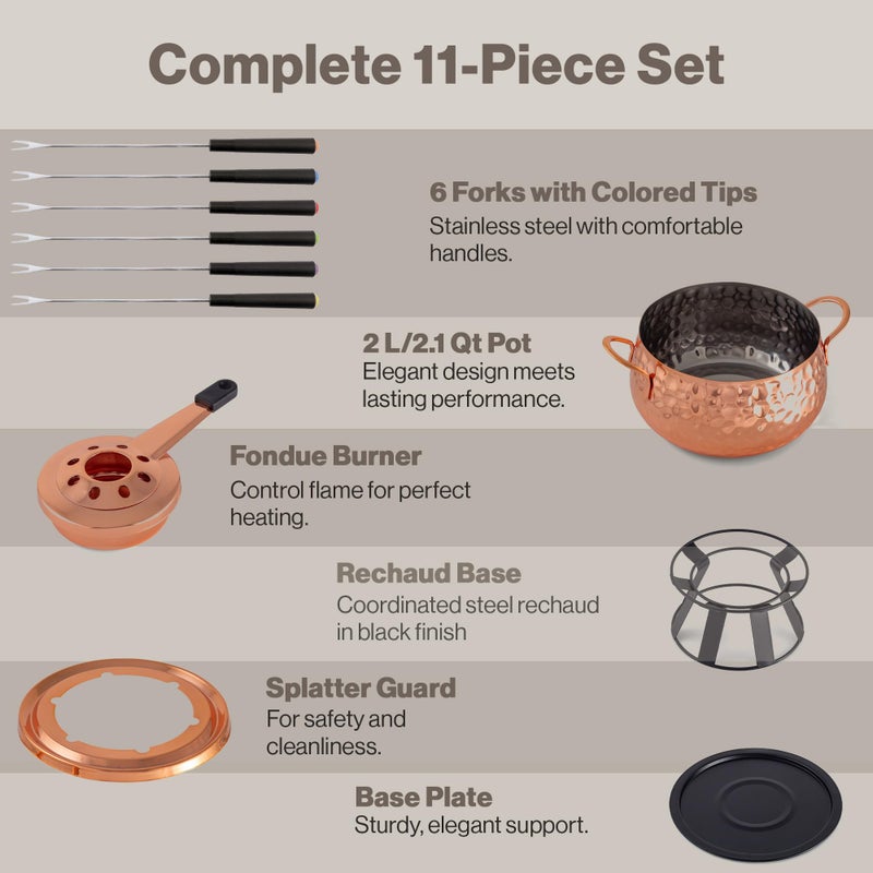 Swissmar Biel 11-Piece Copper-Plated Fondue Set â€“ Hammered Finish â€“ Ideal for Oil & Broth Cooking â€“ Perfect for Entertaining, Kitchen Collections & Wedding Gifts â€“ 2 Liter / 2.1 Quarts - Image 5